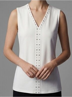 V-Neck White Sleeveless Tank with Grommet Trim